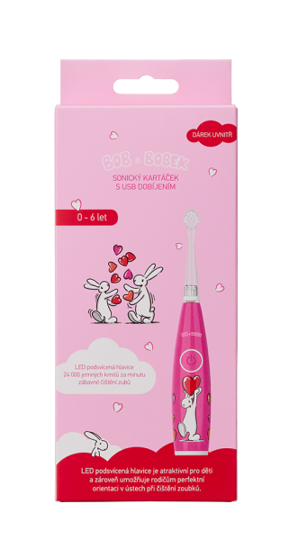 Bob a Bobek detská sonická kefka so srdiečkami a USB nabíjaním, 0–6 rokov, v krabičke