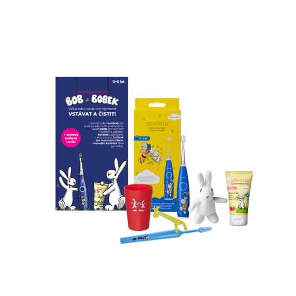 Bob a Bobek darčeková sada – Veľká zubná sada pre najmenších s modrou sonickou kefkou a USB nabíjaním