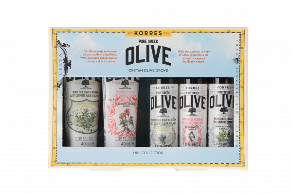 KORRES darčekový set staroslivosti o telo PURE GREEK OLIVE - 5  mini sprchovacích gelóv a telových mliečok, 40 ml