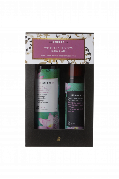 KORRES dárčeková kolekcia starostlivosti o telo s vôňou lekna - sprchový gél a suchý telový anti-aging olej