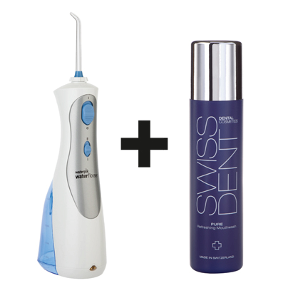 Waterpik CORDLESS Plus cestovní + Swiss Dent EXTREME ústní výplach, 300 ml