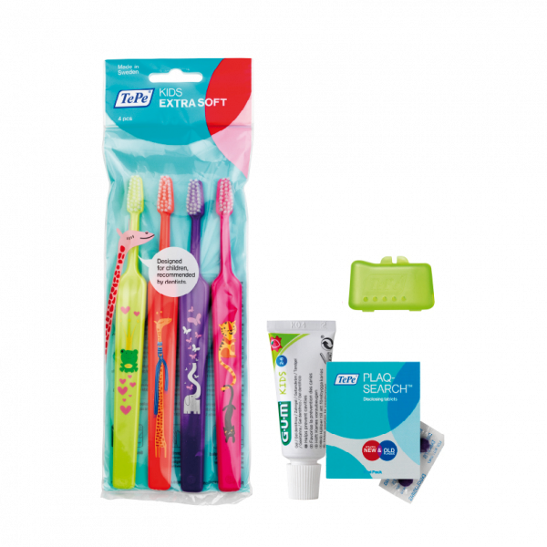 TePe Select Compact KIDS x-soft 3 + 1 + TePe kryt na kefku + GUM detská zubná pasta, 12 ml + TePe PlaqSearch tablety, 2 ks