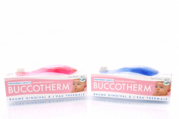 Buccotherm sada pre batolatá - BIO masážny upokojujúci gél, 50 ml + kefka na prvé zúbky, růžový