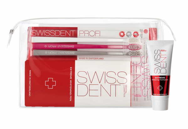SWISSDENT EXTREME sada intenzívne bieliace pero + zubné kefky Whitening