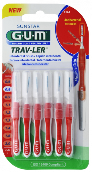 GUM TRAV-LER medzizubná kefka s chlorhexidínom, červený, veľkosť 0,8 mm (ISO 1), 6 ks
