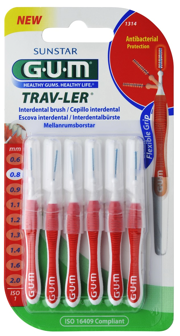 GUM TRAV-LER medzizubná kefka s chlorhexidínom, červený, veľkosť 0,8 mm (ISO 1), 6 ks