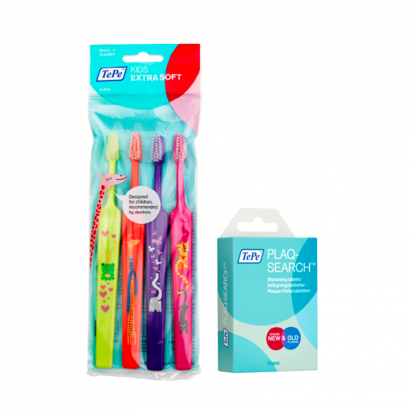 TePe Kids x-soft, 3+1 zadarmo + TePe PlaqSearch tablety, 10 ks