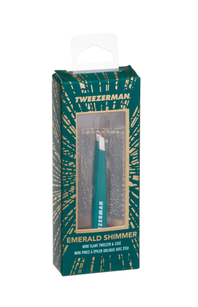 Tweezerman Mini SLANT smaragdovozelená pinzeta so zlatým puzdrom