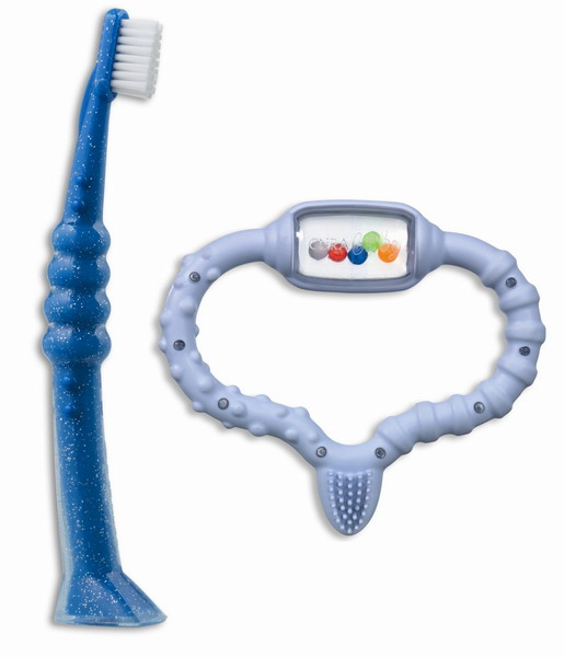 Curaprox CBR súprava Curababy  hrkálka a hryzadielko s detskou kefkou, modrej