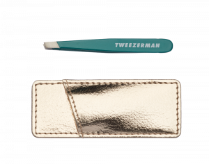 Tweezerman Mini SLANT smaragdovozelená pinzeta so zlatým puzdrom