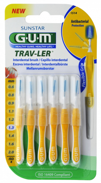 GUM TRAV-LER medzizubná kefka s chlorhexidínom, žltý kónický veľkosť 1,3 mm (ISO 4), 6 ks