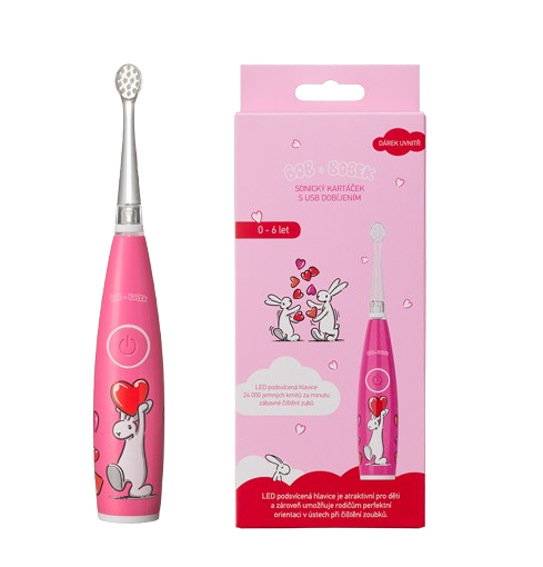 Bob a Bobek detská sonická kefka so srdiečkami a USB nabíjaním, 0–6 rokov, v krabičke