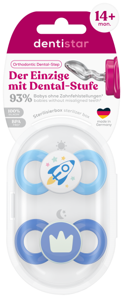 Dentistar ortodontické cumlíky od 14 mesiacov veku, denný a nočný, modré