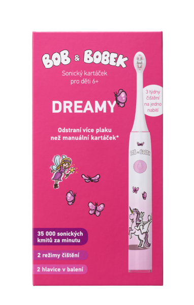 Sonická zubná kefka BOB a BOBEK DREAMY pre deti 6+, 35 000 kmitov/min., 2 kefkové hlavice v balení