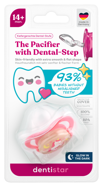 Dentistar nočný ortodontický cumlík 14+ mesiacov, ružový s jednorožcom, 1 ks